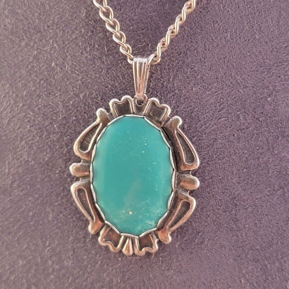 Vintage Sterling Green Blue Chalcedony Art Deco Bezel Pendant - Picture 4 of 8